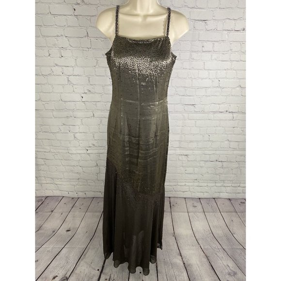 Cache Beaded Olive Green Metallic Semi Sheer Lined Body Con Prom Dress 6 - Picture 1 of 15